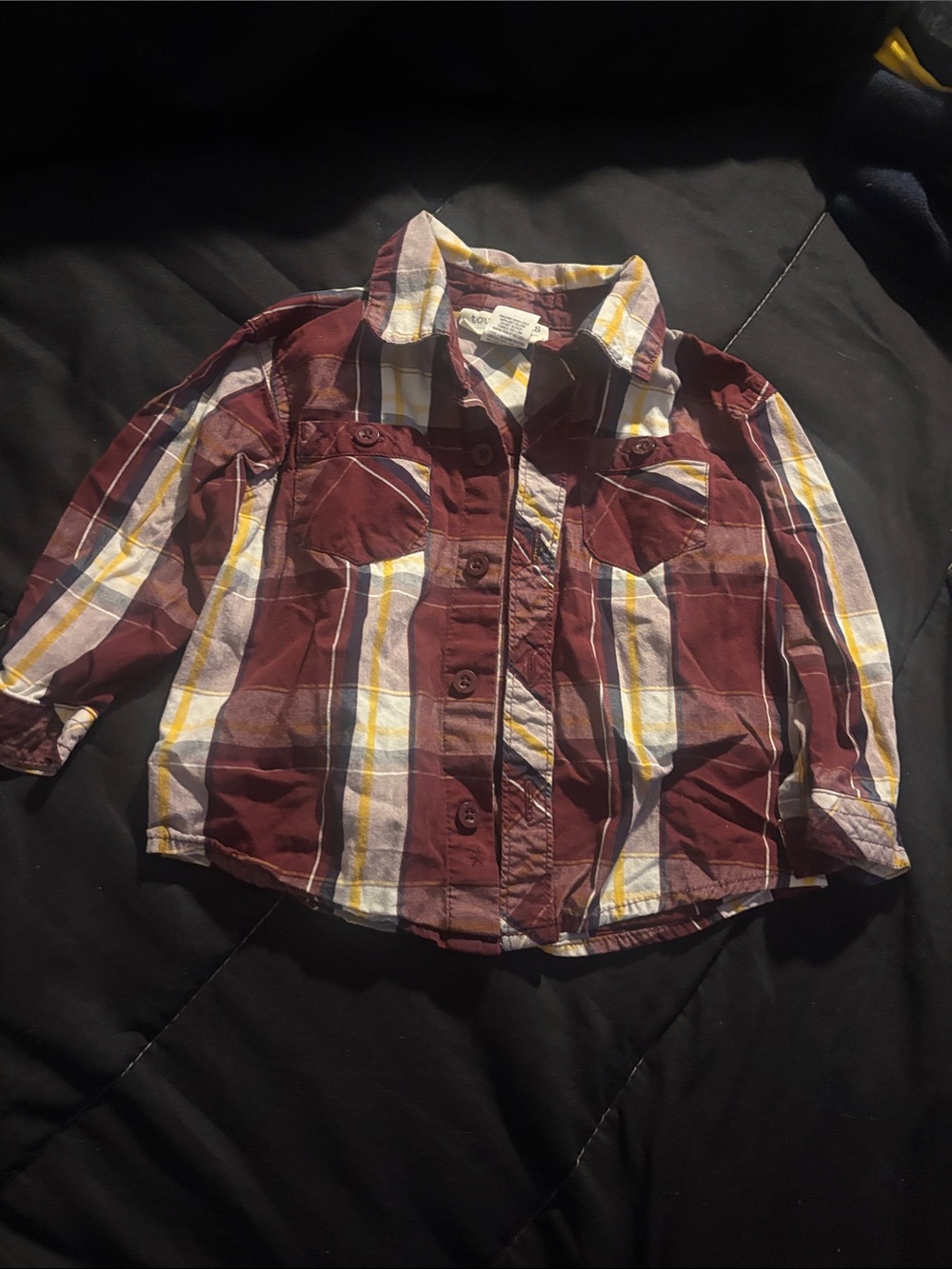 Toughskins Burgundy Plaid Button-Down Shirt with Yellow & White Stripes